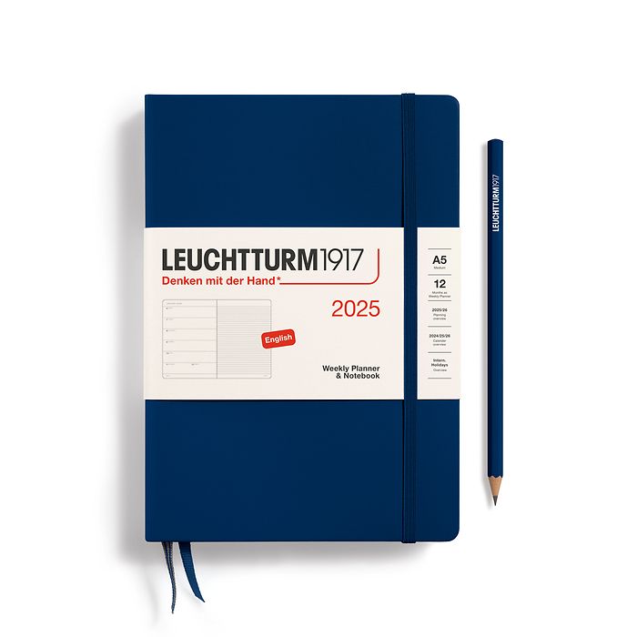 Agenda Semainier & Carnet Medium (A5) 2025, Bleu Marine, Anglais