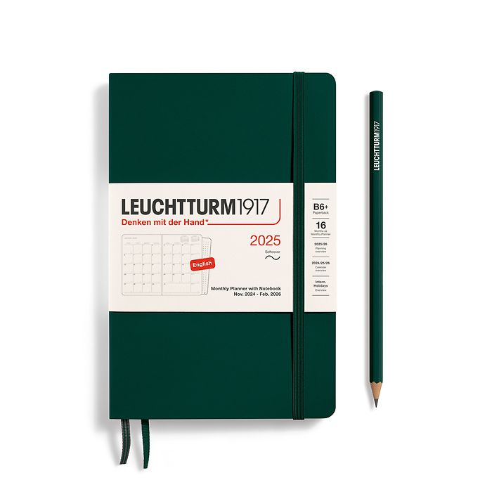 Agenda Mensuel & Carnet Paperback (B6+) 2025, 16 Mois, Couv. souple, Forest Green, Anglais