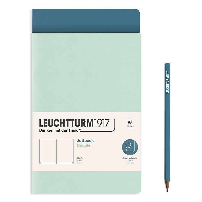 Jottbook (A5), 59 pages numérotées, blanc, Mint Green et Stone Blue, Set de 2